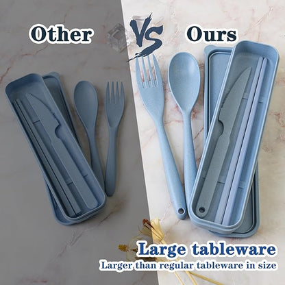 Large Reusable Utensils Set with Case, 4 Sets Travel Utensil with Chopsticks, Portable Plastic Cutlery Set Fork Spoons Knife Set for Adult Lunch Accessories, Camping Flatware
