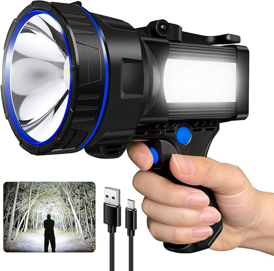 Rechargeable Spotlight Flashlight, Super Bright 1000000 lumens Waterproof Hand held Spot Lights, Long Range Large Hunting Lamp Searchlight, LED Flashlight with COB Light for Camping
