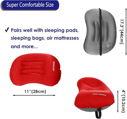 Gold Armour Inflatable Camping Pillow Backpacking Pillow Lightweight Travel Air Pillow Ultralight Ergonomic Pillow Portable for Airplanes with Neck & Lumbar Support (Red)