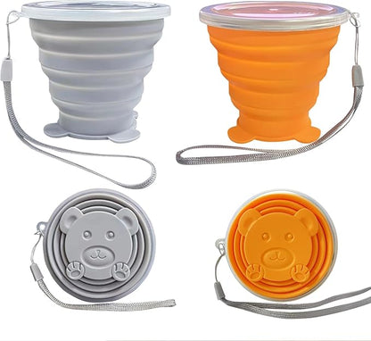 Silicone Small Foldable Cup-Expandable Folding Drinking Cup -Reusable Portable Mugs Cup with Lids For Travel, Camping, Hiking, Survival, Holiday, Outdoor Sports Grey+Orange