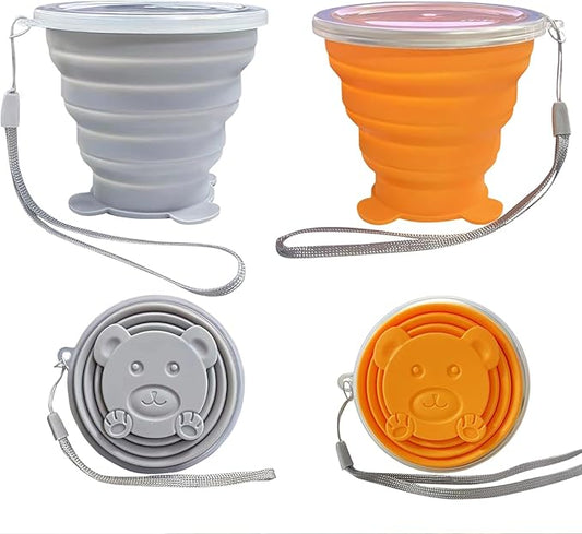 Silicone Small Foldable Cup-Expandable Folding Drinking Cup -Reusable Portable Mugs Cup with Lids For Travel, Camping, Hiking, Survival, Holiday, Outdoor Sports Grey+Orange