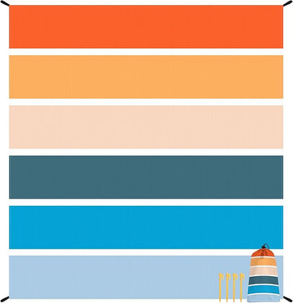 Colorful Beach Blanket Sandfroof, 78”x 86” Large Waterproof Beach Mat Sand Free w/ 4 Stakes for 1-6 People, Big Compact Foldable Picnic Pockets Blanket for Travel, Camping, Hiking - Thick Stripes