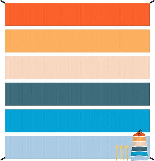 Colorful Beach Blanket Sandfroof, 78”x 86” Large Waterproof Beach Mat Sand Free w/ 4 Stakes for 1-6 People, Big Compact Foldable Picnic Pockets Blanket for Travel, Camping, Hiking - Thick Stripes