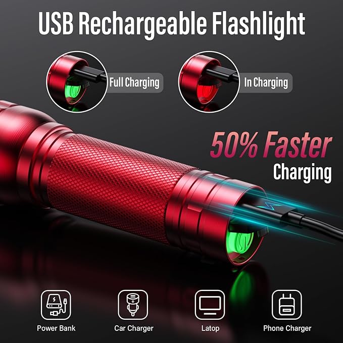 RECHOO Rechargeable Flashlights High Lumens, G1000 Super Bright Flashlight, Small Zoomable LED Flashlight with 3 Lighting Modes, Portable Tactical Flashlight, Gift for Christmas(Battery Included)-Red