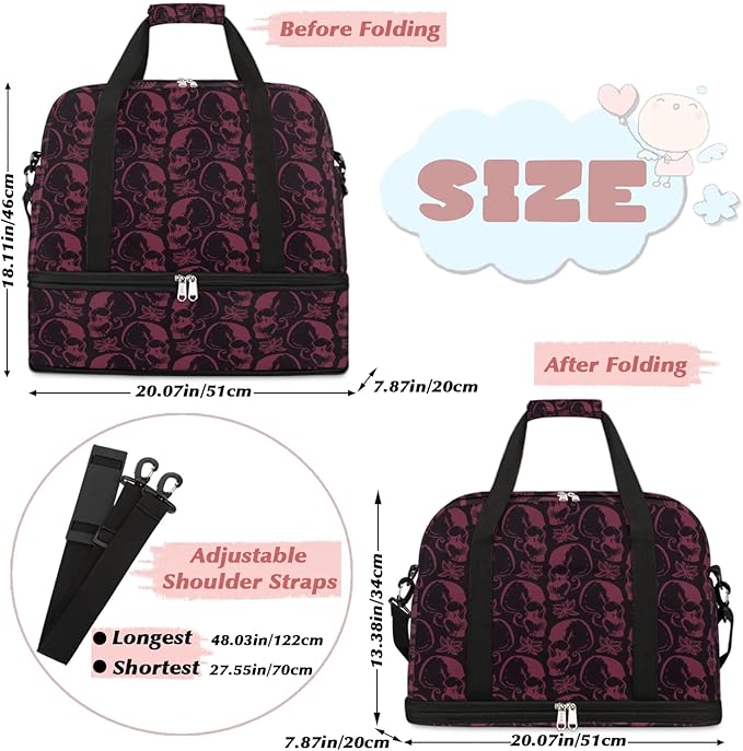 Halloween Spooky Skull Foldable Travel Duffel Bag Tote Carry On Luggage Sports Gym Bag With Shoe Compartment For Woman Man Overnight Weekend Yoga Workout Bag Training Handbag