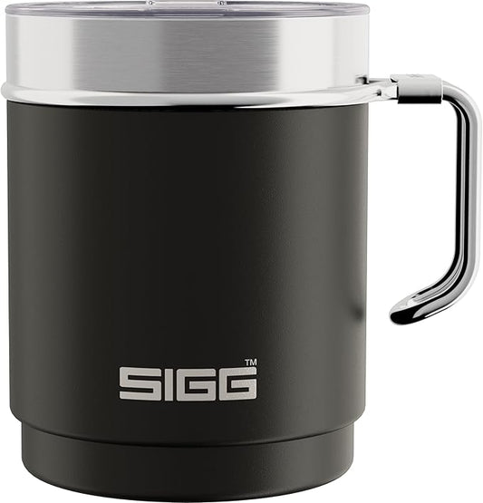 SIGG - Camping Mug with Lid - Double-Wall Insulated - Recycled Stainless Steel - Stackable - Hook Handle - Hiking, 10Oz