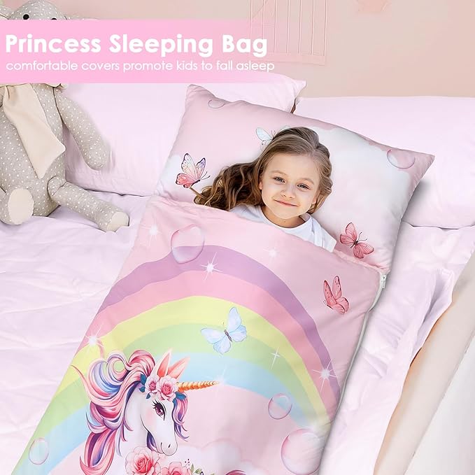 Kids Sleeping Bag Toddler Nap Mat with Removable Pillow, Large Foldable Sleeping Bag for Girls Boys, Easy Clean Slumber Bag with Double Zip for Camping School Preschool Daycare, 59×24 inch