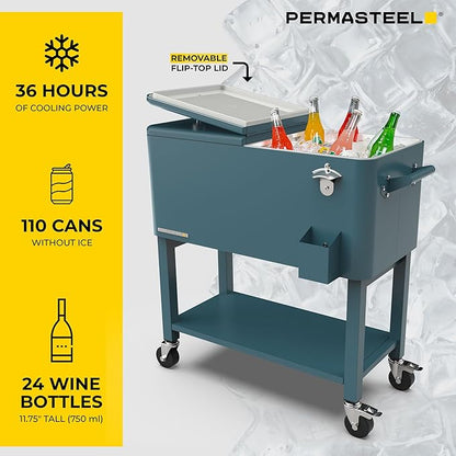 Permasteel 80-Qt Outdoor Patio Cooler with Removable Basin, Outside Beverage Cooler Cart, Rolling Cooler with Wheels and Handles, Teal Green