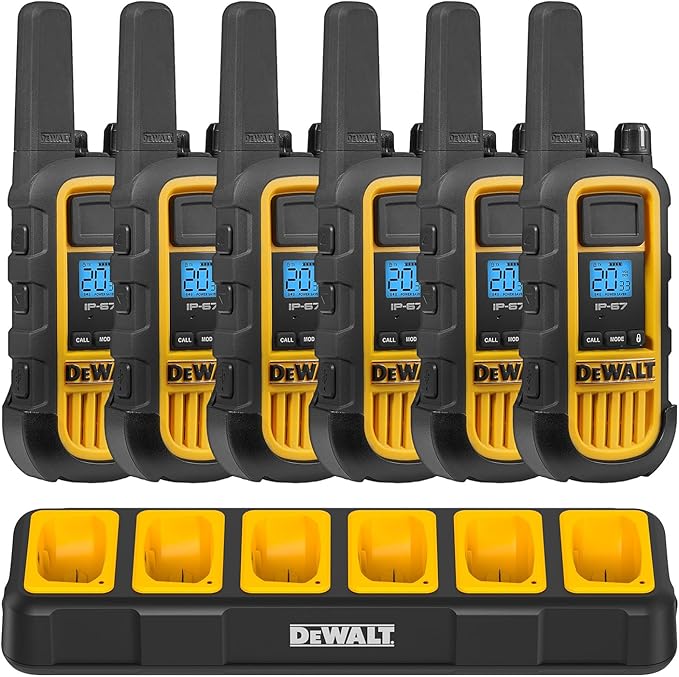 DEWALT DXFRS800 2 Watt Heavy Duty Walkie Talkies - Waterproof, Shock Resistant, Long Range & Rechargeable Two-Way Radio with VOX (6 Pack w/Gang Charger) (DXFRS800-BCH6)