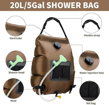 Solar Shower Bag, Solar Heating Camping Shower Bag, 5Gal(20L) Portable Camping Shower Bag, with Removable Hose and On-Off Switchable Shower Head, for Outdoor Traveling/Climbing/Hiking/Beach/Swimming
