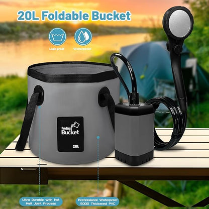 Portable Camping Shower, 6000mAh Rechargeable Electric Shower Pump with 20L Foldable Bucket, Outdoor Shower Kit for Camping, Beach, Hiking, RV Travel, Pet Bath, Car Washing