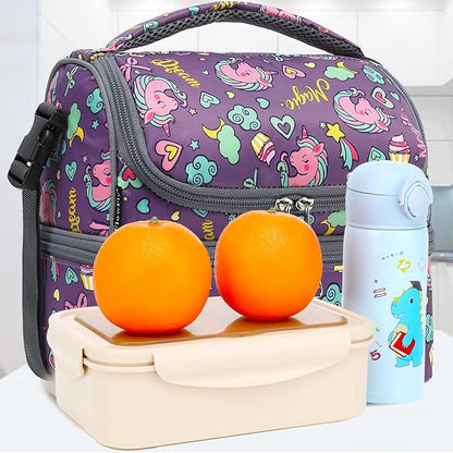 FlowFly Double Decker Cooler Insulated Lunch Bag Large Tote for Boys, Girls, Men, Women, With Adjustable Strap (Purple-Unicorn)