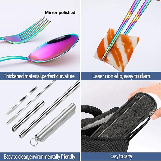 Hommaly Portable Travel Reusable Utensils Silverware with Case,Camping Cutlery set,Chopsticks and Straw Flatware, Stainless steel Utensil set (Rainbow) U
