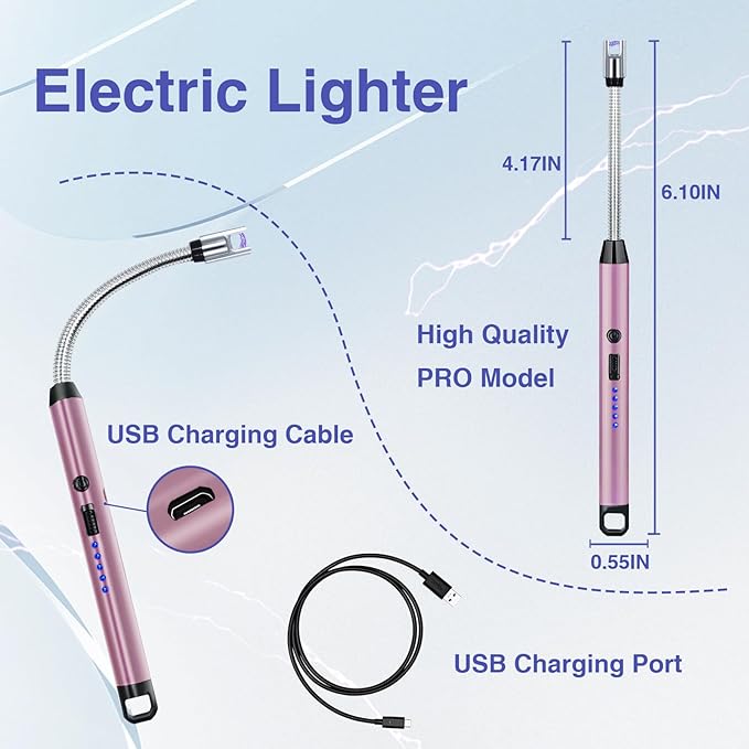 2 PCS Candle Lighter, Electric Lighter Arc Windproof Flameless with 360° Flexible Neck & LED Power Display,USB Rechargeable Lighter for BBQ, Grill, Camping, Fireplace, Stove(Pink)