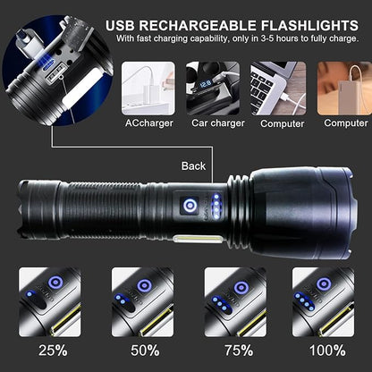 Flashlights High Lumens Rechargeable,300000 Lumens Super Bright Flashlights, 7 Modes with COB Work Light, Zoomable, IP67 Waterproof Flash Light with Cases for Emergency Camping