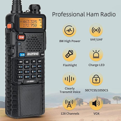 BAOFENG UV-5R 8W Ham Radio Long Range UV5R Dual Band Handheld High Power 3800mAh Rechargeable Walkie Talkies Handheld Two Way Radio with Programming Cable and Earpiece Full Kit,2Pack