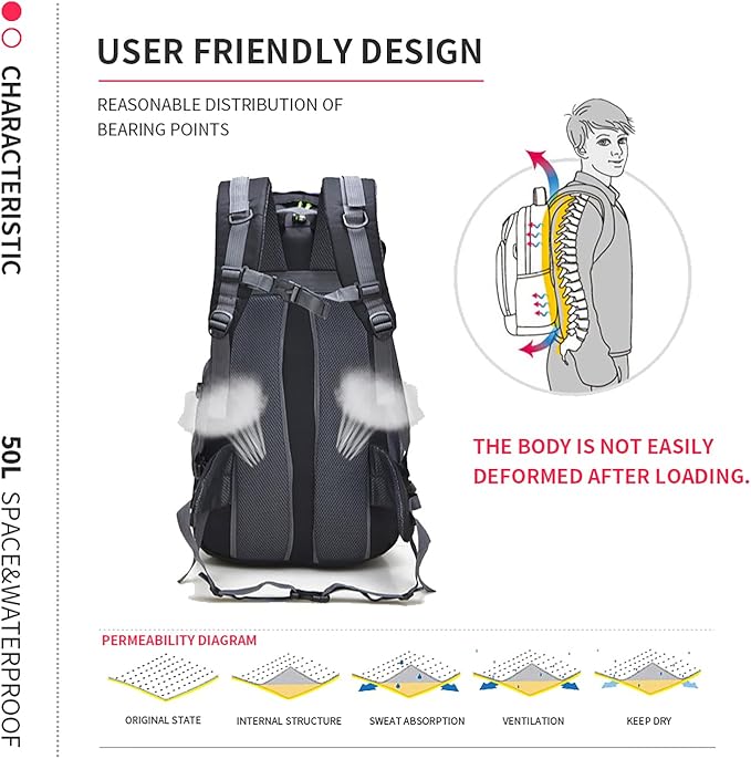 Bseash 50L Hiking Backpack, Water Resistant Lightweight Outdoor Sport Daypack Travel Bag for Camping Climbing Touring (Black - No Shoe Compartment)