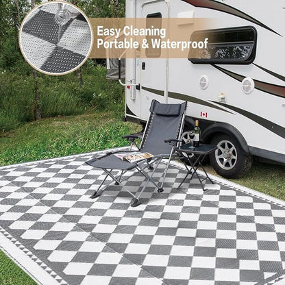 Outdoor Waterproof Rug 6'x9' Plastic Straw Rugs Washable Reversible Floor Mat Grey Plaid Carpet for Camping RV Deck Entryance Porch Picnic Balcony Beach Backyard