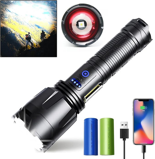 Flashlights High Lumens Rechargeable,300000 Lumens Super Bright Flashlights, 7 Modes with COB Work Light, Zoomable, IP67 Waterproof Flash Light with Cases for Emergency Camping