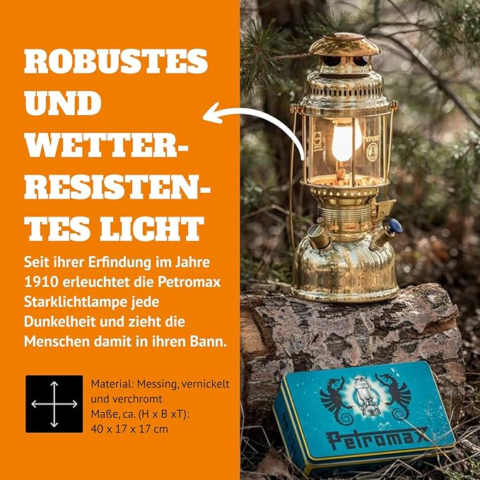 Petromax HK500 Pressurized Lantern, 500 Candlepower with 1 Quart Kerosene Tank for Home or Camping Lighting, Hand Assembled High Pressure 400 Watt Lamp