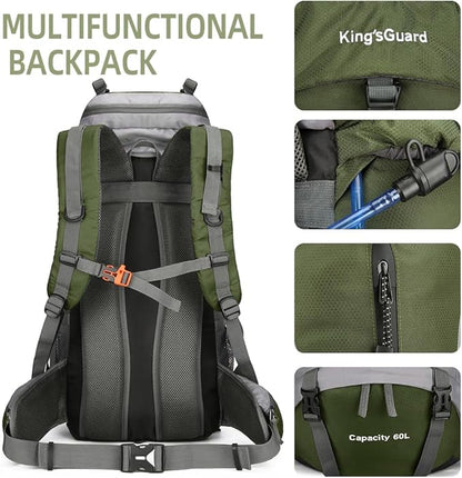 King'sGuard 60L Hiking Backpack Men Women Camping Backpack Waterproof Backpacking Mountaineering Climbing Daypack with Rain Cover (Army Green)