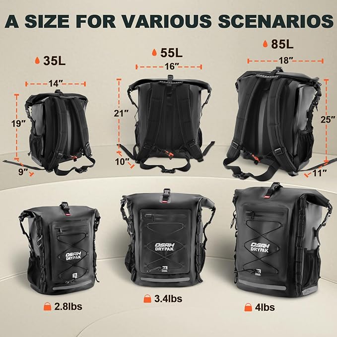 Waterproof Backpack Dry Bag 35L/55L – Heavy Duty Roll-Top Hiking Backpack for Travel, Kayaking, Boating, Camping, Rafting and Fishing
