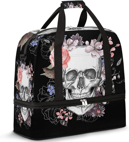 Sports Gym Bag, Sugar Skull Flower Halloween Travel Duffel Bag with Shoes Compartment Waterproof Overnight Bag Workout Weekender Bag Boys Girls Yoga Dance Bag Gym Tote Bag for Women Men