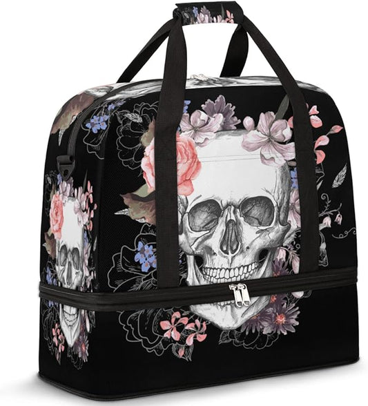Sports Gym Bag, Sugar Skull Flower Halloween Travel Duffel Bag with Shoes Compartment Waterproof Overnight Bag Workout Weekender Bag Boys Girls Yoga Dance Bag Gym Tote Bag for Women Men