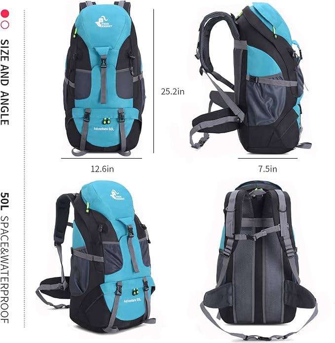 Bseash 50L Hiking Backpack, Water Resistant Lightweight Outdoor Sport Daypack Travel Bag for Camping Climbing Touring (Lake Green - No Shoe Compartment)