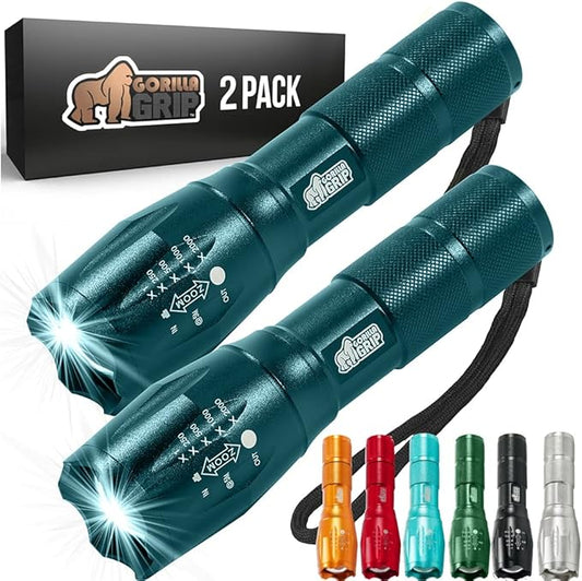 Gorilla Grip Powerful LED 750 FT Water Resistant 5 Adjustable Mode Tactical Flashlight, High Lumens Ultra Bright Battery Zoom Flashlights, Small Camping Car Mini Flash Light Accessories, 2 Pack Teal