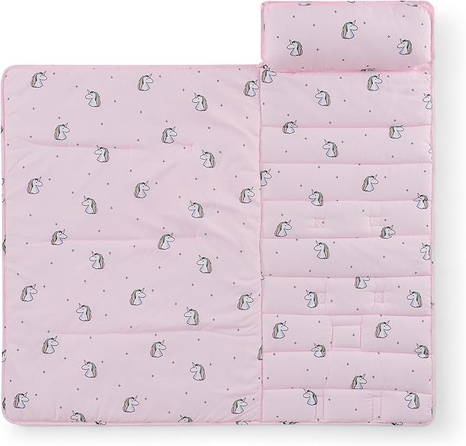 Kids Sleeping Bag Nap Mat with Pillow & Blanket – 3-in-1 Machine Washable Quilted Mat for Toddlers – Portable with Handles – 20" x 50" for Daycare, Preschool, Travel, & Sleepovers