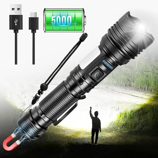 LED Flashlights High Lumens Rechargeable，990000 Lumens Super Bright Flashlight，High Powered Flashlight Zoomable，7 Modes，IPX67 Waterproof，Powerful Tactical Flashlight for Emergencies，Camping