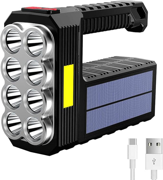 Rechargeable 8 LED Handheld Solar Flashlight with COB Sidelight, High Lumens 3 Modes Searchlight, Portable Lightweight Waterproof Spotlight for Fishing Outdoor Camping Emergencies