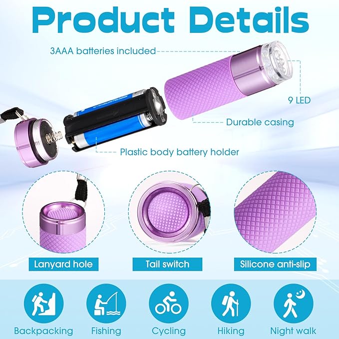 12 Pack LED Flashlight, 9 LED Mini Flashlight, 4 Colors with Lanyard, Portable Flashlight Contains 3AAA Batteries for Christmas Gift Outdoor Camping Emergency Night Cycling Fishing