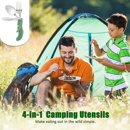 5 Pack Camping Utensils, 4-in-1 Portable Stainless Steel Cutlery with Fork, Spoon, Knife, and Bottle Opener - Lightweight, Detachable, and Durable Camping Silverware for Outdoor Events and Adventures