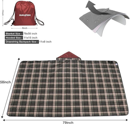 DUKUSEEK Stadium Blanket for All Weather, Waterproof Outdoor Blankets with Hood, Soft Warm Fleece Camping Blanket Windproof for Outdoor Sports, 79"x 59"