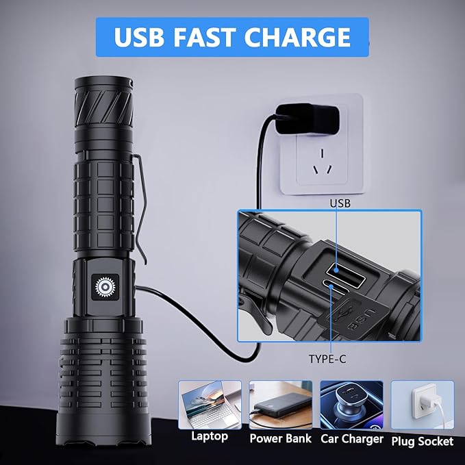 Led Flashlights High Lumens Rechargeable - 990,000LM XHP70 Led Flashlight, Super Bright Flashlight USB Powerful Waterproof Flashlight, Rechargeable Flashlight for Gift Emergencies Camping Home