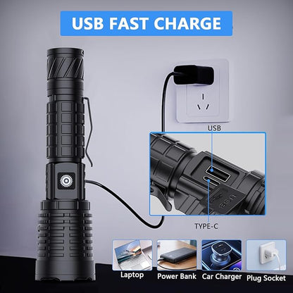 Led Flashlights High Lumens Rechargeable - 990,000LM XHP70 Led Flashlight, Super Bright Flashlight USB Powerful Waterproof Flashlight, Rechargeable Flashlight for Gift Emergencies Camping Home