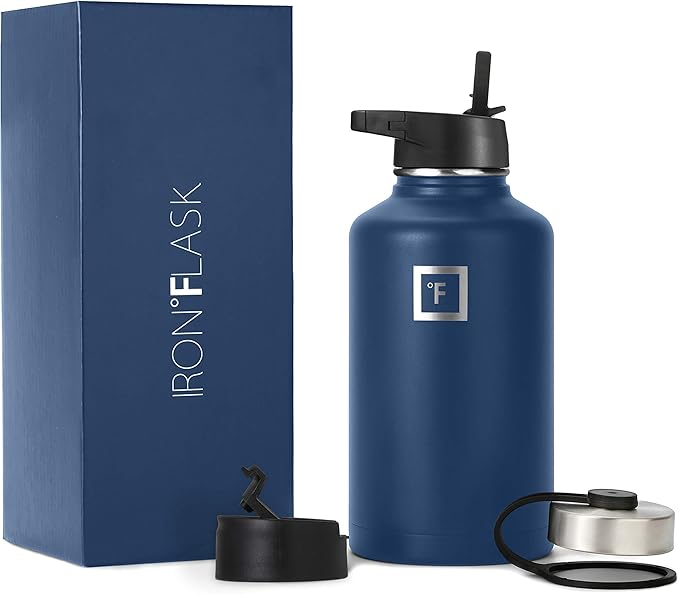 IRON °FLASK Camping & Hiking Hydration Flask, Wide Mouth, 3 Straw Lids, Stainless Steel Outdoor Water Bottle, Double Walled, Insulated Thermos, Metal Canteen - Twilight Blue, 64 Oz