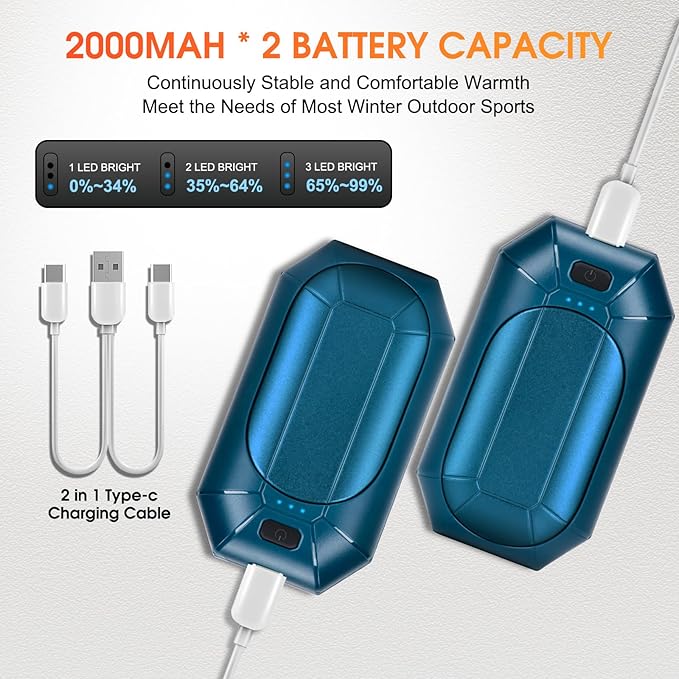 2 Pcs Mini Hand Warmer Rechargeable, 2000mAh*2 Portable Hand Warmer Reusable, 3 Levels Temperature Adjustable 2 in 1 Hand Warmer, Outdoor Indoor Warm Gift for Men Women Children
