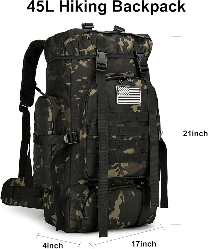 45L Hiking Backpack Camping Rucksack Molle Military Backpack for Outdoor Traveling (Black CP)