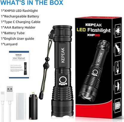 KEPEAK Flashlight, Rechargeable 5000 High Lumen Tactical Handheld Waterproof Zoomable LED Flashlight with 5 Light Modes for Emergency, Camping and Hiking
