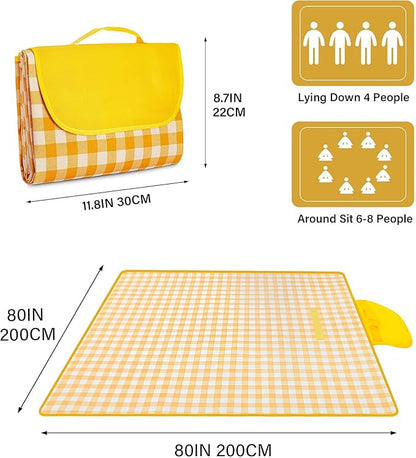 Large Picnic Blankets Waterproof Foldable Yellow Gingham Mat Tote bag for Outdoor Park Beach Camping Travel (80x80 inch)