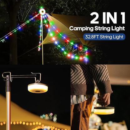DGE Camping String Lights, 8 Lighting Modes 2-in-1 Outdoor String Lights with RGB and Warm White Light (32.8ft), Quick Storage, Waterproof, Type-C Charging for Camping, Holiday