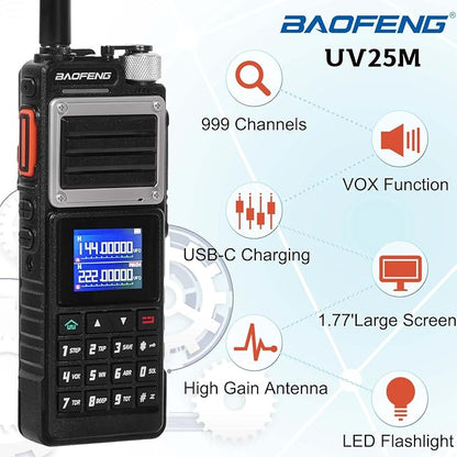 BAOFENG UV25M Tri-Band Ham Radio Handheld Long Range Walkie Talkies High Power 5200mAh Tactical Radio with Frequency Match,NOAA,USB-C,999CH,Tri Band Antenna for Camping Hiking