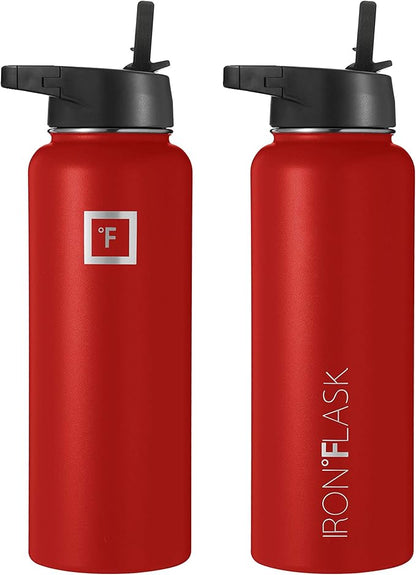 IRON °FLASK Camping & Hiking Hydration Flask, Wide Mouth, 3 Straw Lids, Stainless Steel Outdoor Water Bottle, Double Walled, Insulated Thermos, Metal Canteen - Fire Red, 40 Oz