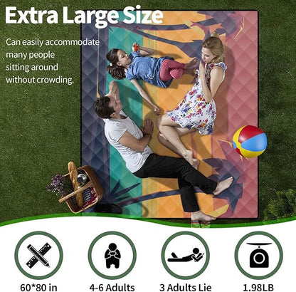 Picnic Blankets Waterproof Sandproof 60x80 Outdoor Portable Lightweight Extra Large Family Beach Blanket Camp Mat for Travel Foldable Outside Lawn Camping Essentials Mats for Grass
