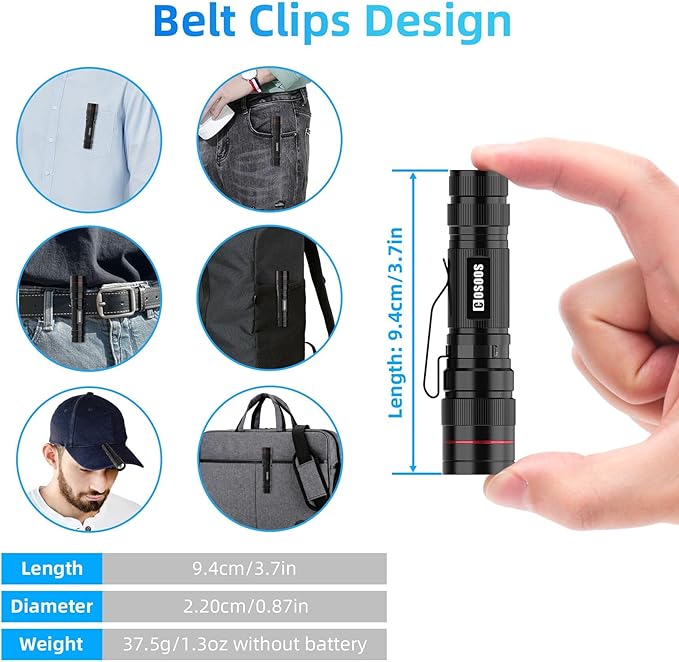 COSOOS 3 Mini LED Tactical Flashlights with Clip, 3.7inch Zoomable Bright AA Flashlight High Lumen, Pocket-Size Penlight, 1 Light Mode, Small Portable Waterproof Pen Flash Light for Camping