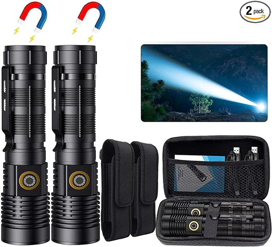 Rechargeable Magnetic Flashlight 20000 High Lumens - 1500 Meters Long Beam Super Bright LED Tactical Flashlight with Holster USB Zoomable 5Modes Small Long Beam Spotlight Flashlight for Camping