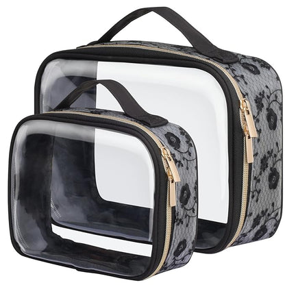 PACKISM Floral Texture Lace TSA Approved Toiletry Bag - 180° Large Opening Clear Makeup Bags in 2 Size, Clear Cosmetic Bags with Handle, 0.5 mm Thick Non-deformable No Smell, Black